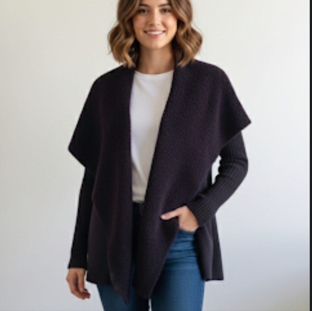 AQUA Faux Fur Trim Waterfall Cardigan Sweater Size Small Black Knit Shrug Shawl